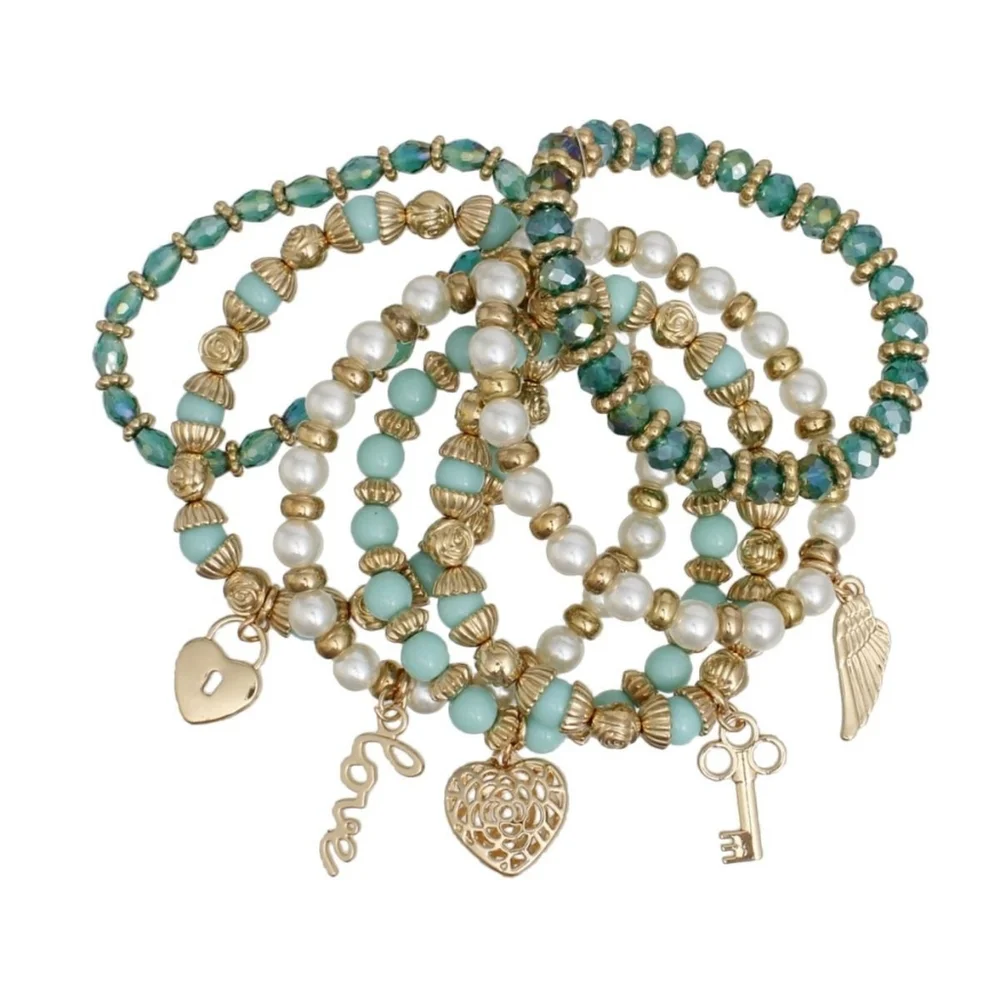 Stretch Charm Bracelet Set Turquoise Beads Pearls Love Heart Key Lock Angel Wing